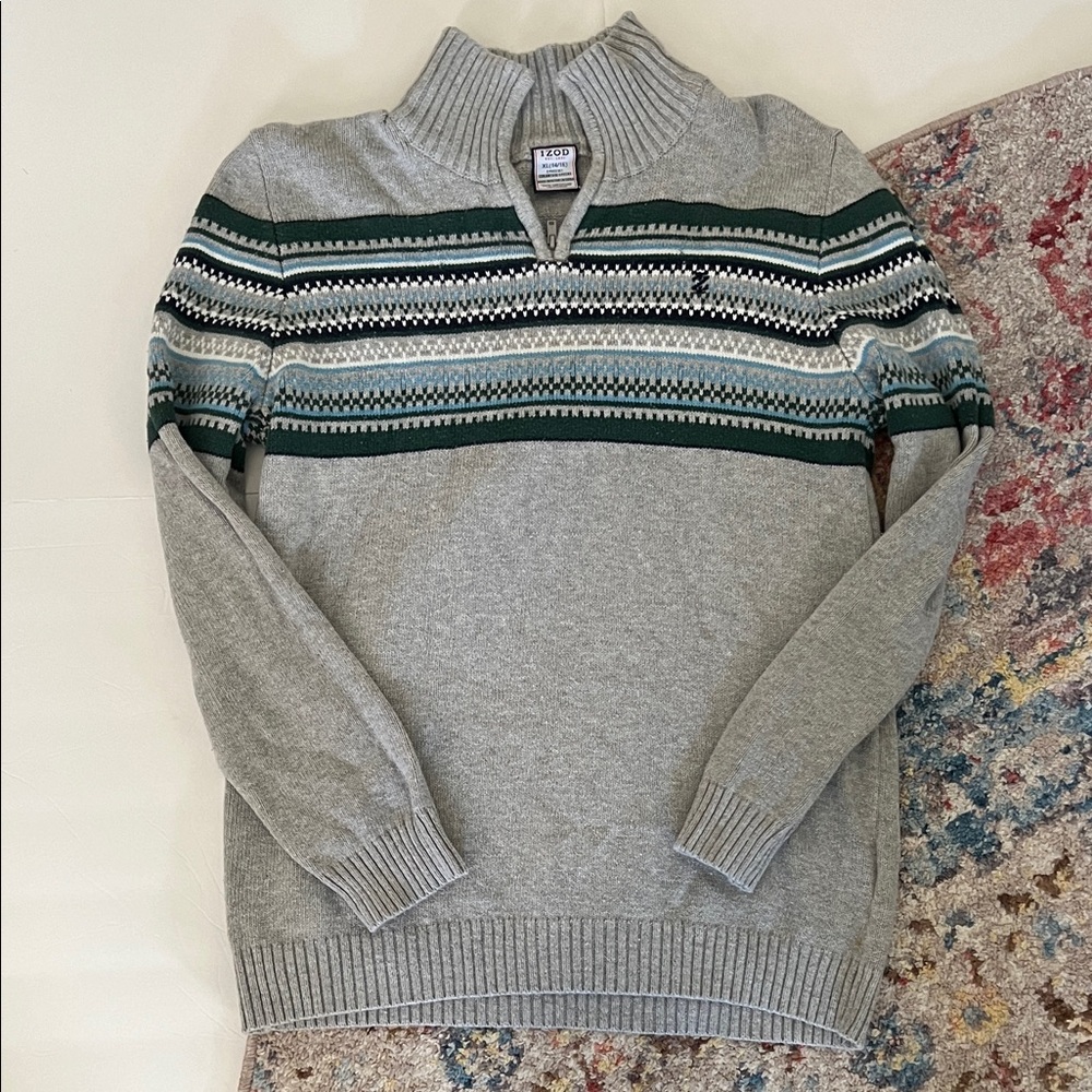 Izod Men's Gray Zip-Up Sweater with Green and White Stripes